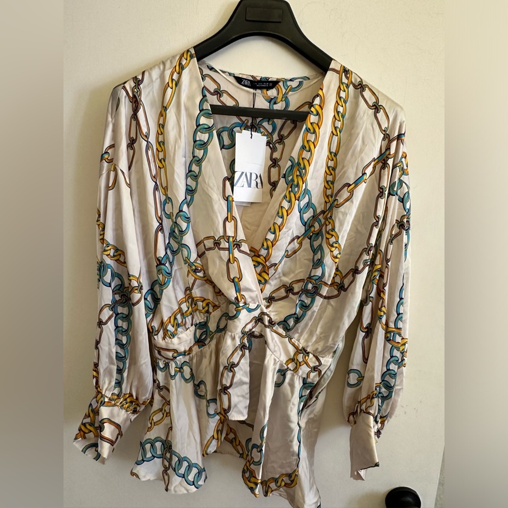 Zara silky blouse with fun design. size L, NWOT.
